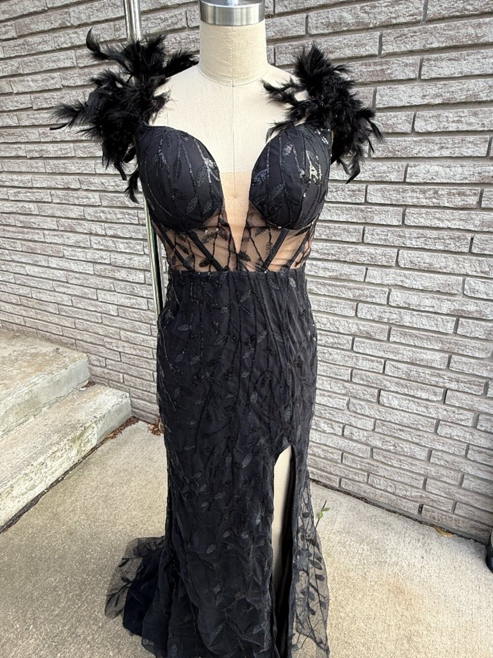 Black Feather-Trim Sequin Prom Dress